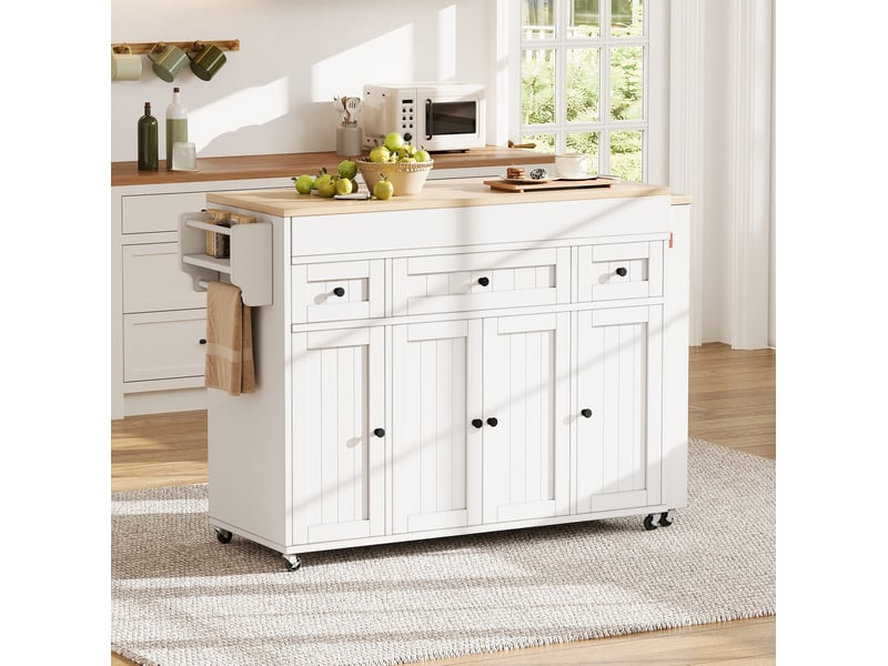  Desserte de cuisine avec plateau extensible, 3 tiroirs, étagères réglables et porte-épices, sur roulettes, blanc naturel  - Conforama B