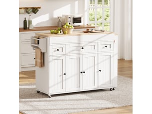 Desserte de cuisine avec plateau extensible, 3 tiroirs, étagères réglables et porte-épices, sur roulettes, blanc naturel