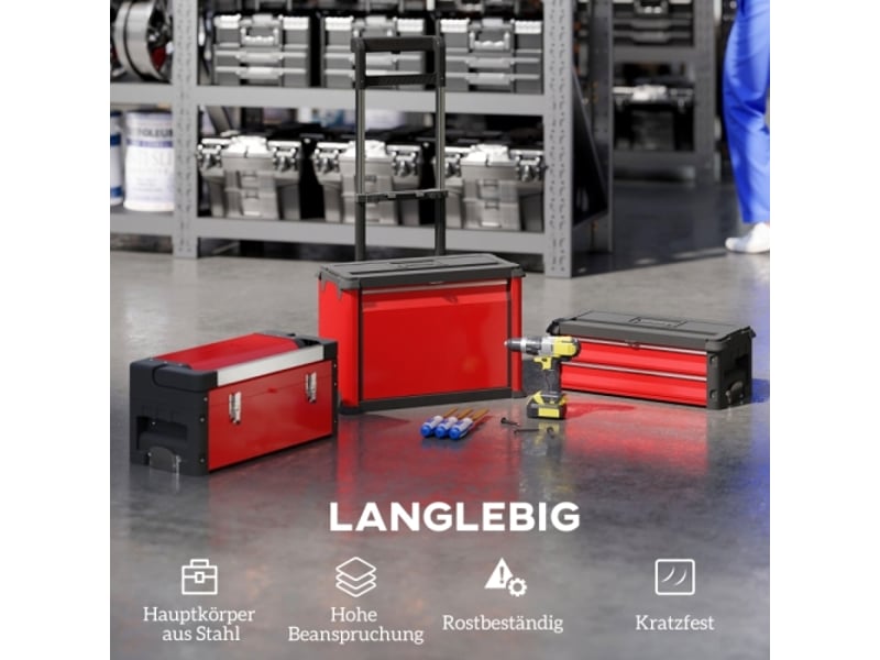  Chariot d'atelier rouge en acier avec coffre à outils, 3 modules modulables, rangement roulant avec poignée pour atelier et garage  - Conforama C