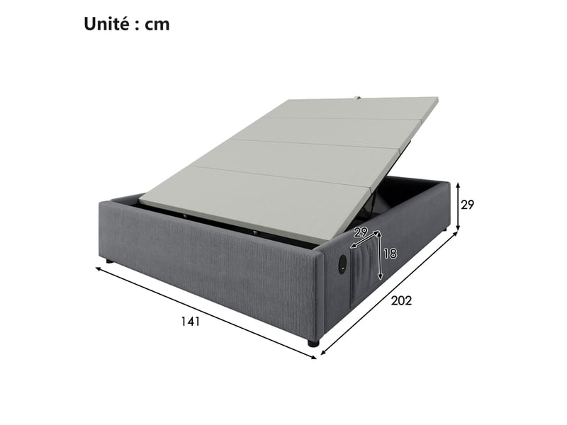 Lit coffre 140x200 cm - lit double avec coffre et usb-c intégré, structure métal et coton, gris, sans tête de lit - Conforama C