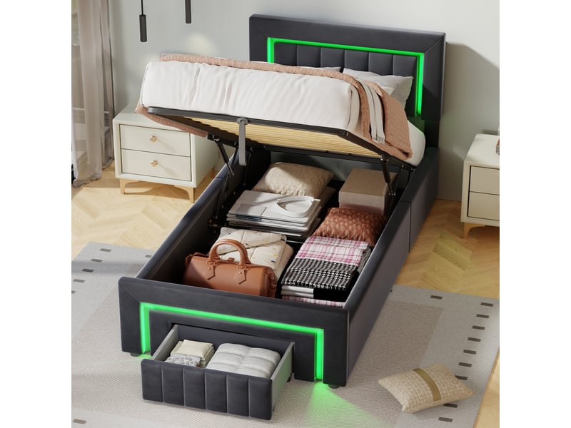 Lit rembourré 90x190 cm avec boxspring - led intégrée et tiroirs de rangement - velours gris métal bois  - Conforama B