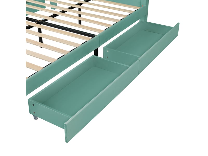  Lit cabane enfant 140x200 cm en velours bleu-vert avec 4 tiroirs, sans matelas  - Conforama D