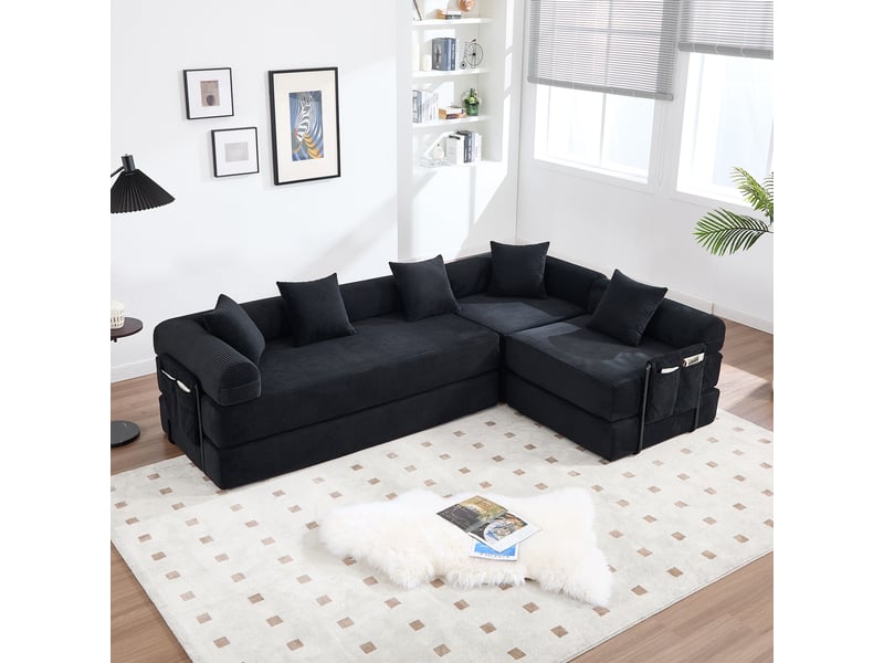 Canapé d'angle droit convertible 4 places tissu noir canapé d'angle noir - Conforama C