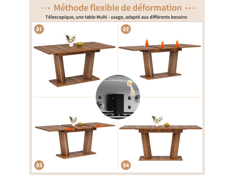 Table à manger extensible marron foncé 160x80x76cm réglable mdf salle à manger rangement pratique confort et fonctionnalité moderne - Conforama D