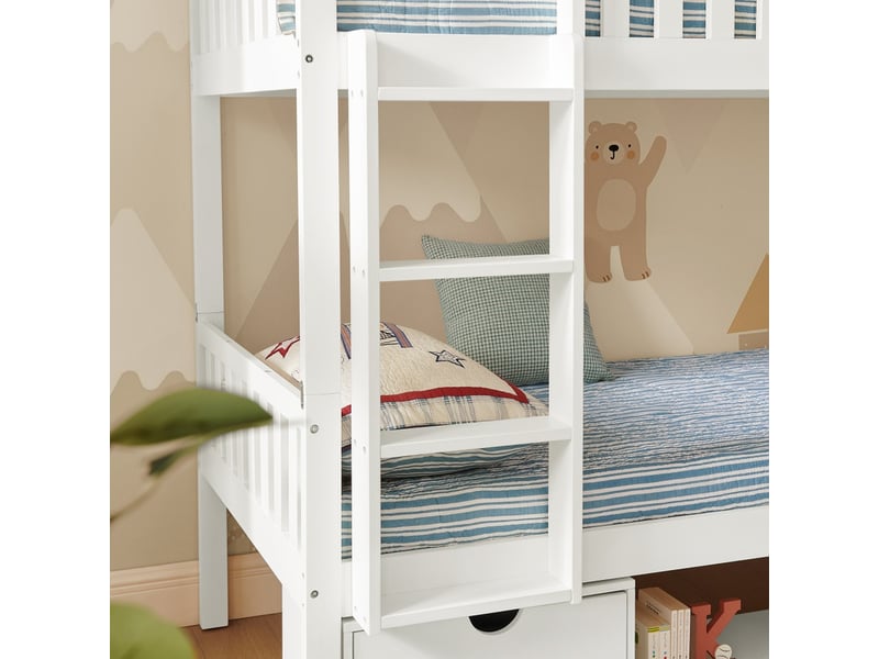 Lit double enfant, 90 × 200 cm, avec barrières de sécurité et tiroirs de rangement, échelle incluse, sans matelas, blanc - Conforama E