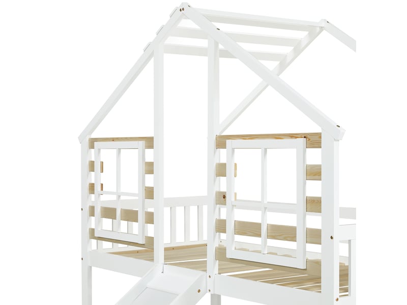  Lit superposé moderne 90x200 cm cabane avec escalier et toboggan, blanc, sans matelas  - Conforama E