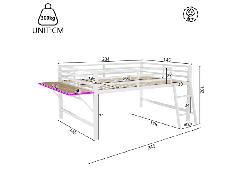 Lit mezzanine 140x200 cm coloris blanc led métal lit enfant blanc - Conforama C