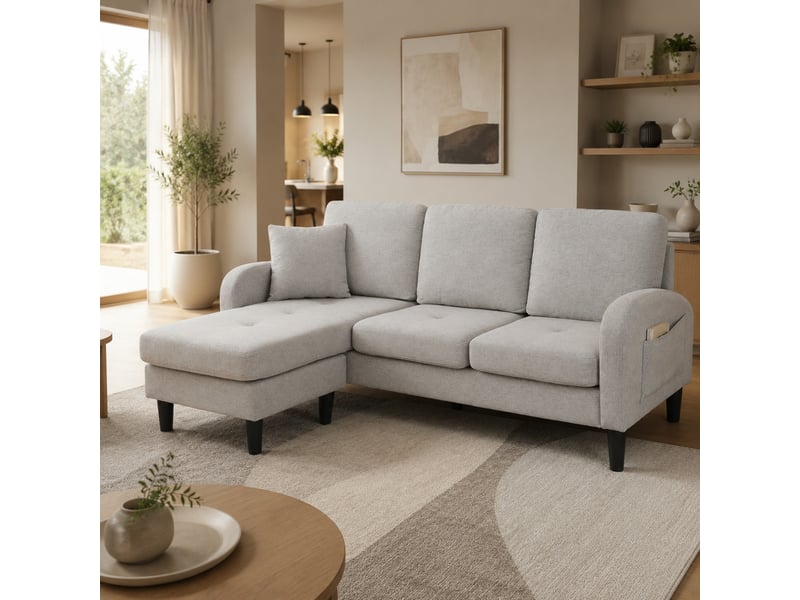 Canapé d'angle modenvie 3 places modulable avec méridienne réversible 166 x 118 x 77 cm tissu coton et lin gris - Conforama B