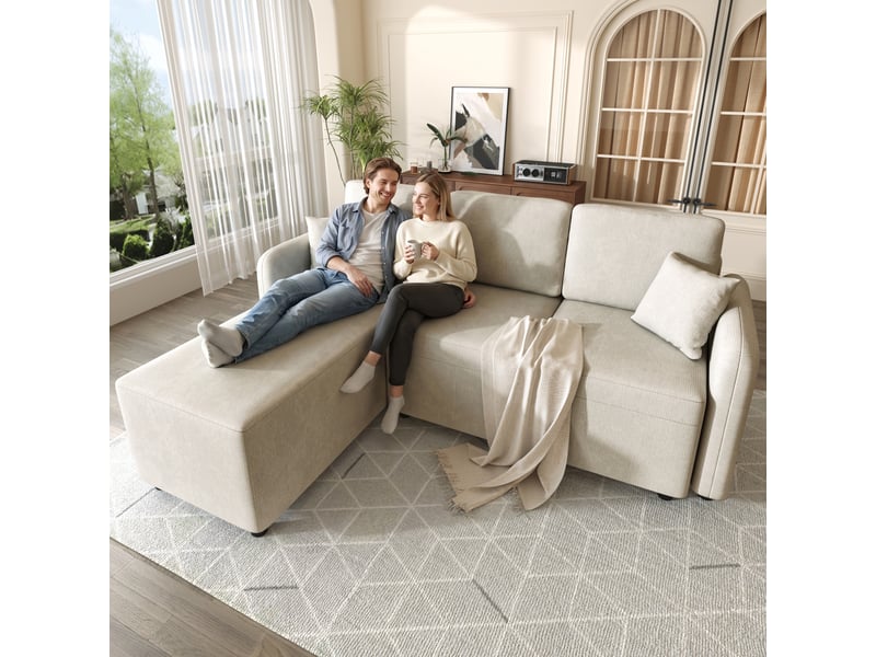  Canapé d'angle 3 places tissu chenille beige clair avec méridienne  - Conforama D