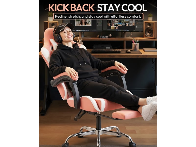  Fauteuil de bureau et gaming ergonomique – similicuir pu – dossier réglable – accoudoirs – repose-pieds – rose  - Conforama E