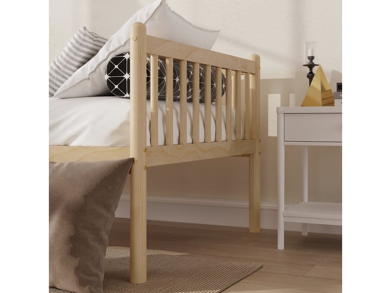  Canapé-lit 90 x 200 cm couchage d'appoint en bois de pin barrières de sécurité sur 3 côtés 14 supports fini naturel  - Conforama D