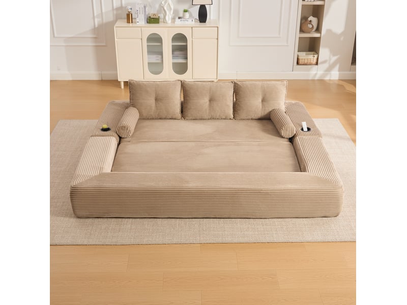 Canapé convertible 3 places avec poches, porte-gobelets et coussins mémoire en velours côtelé kaki - Conforama D
