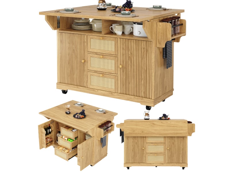 Desserte pliante, chariot de cuisine de 95 cm à hauteur ergonomique et tiroirs en résine tressée, chariot mobile brun naturel - Conforama A