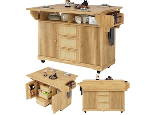 Desserte pliante, chariot de cuisine de 95 cm à hauteur ergonomique et tiroirs en résine tressée, chariot mobile brun naturel
