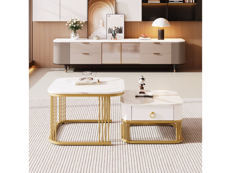 Table basse empilable, table basse blanche, aspect marbre brillant, détails dorés, avec tiroirs, ensemble de 2 pièces  - Conforama B