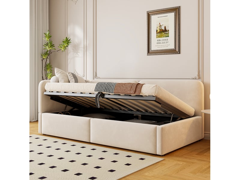  Lit banquette, 90 x 200 cm, pour chambre, dossier réversible, matelas non inclus, mdf et métal et bois, coloris beige  - Conforama E