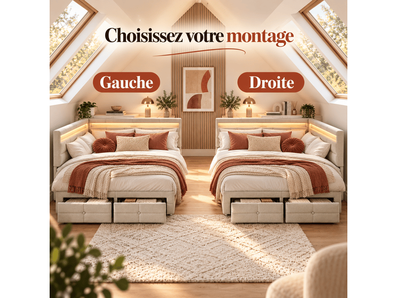  Canapé lit rembourré 140x190 avec led et port usb tpye-c, lit double avec 2 tiroirs et nombreux rangements, sommier à latte, beige  - Conforama C