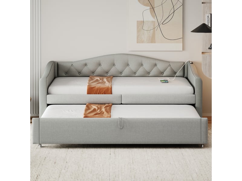  Lit rembourré 90x200 cm avec port usb, canapé-lit en lin, lit simple capitonné et sommier à lattes, gris  - Conforama D