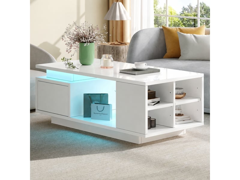 Table basse led blanche avec tiroir, finition brillante, rangements, 100 x 50 x 36 cm, blanc - Conforama D