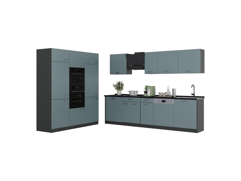 Vicco cuisine, bleu-grisanthracite, 180cm plan de travail chêne doré - Conforama E