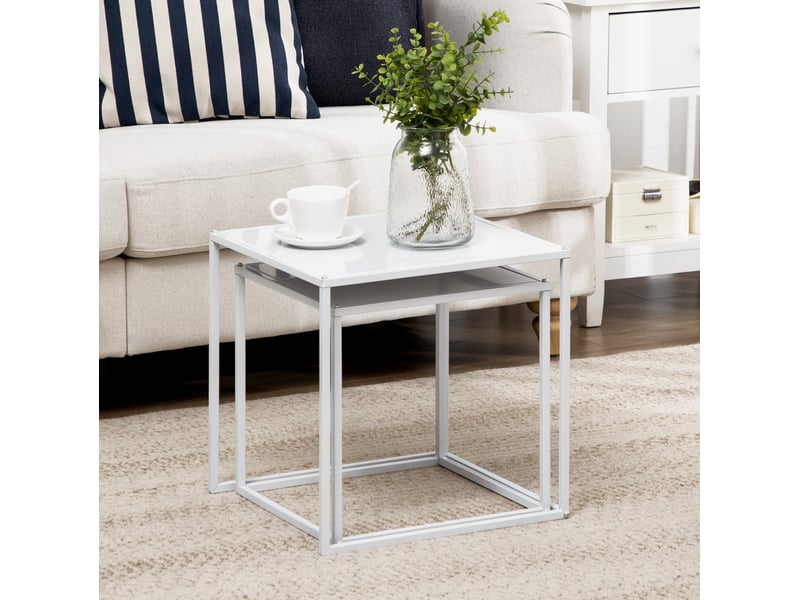  Lot de 2 tables basses carrées gigognes en acier blanc, jusqu’à 10 kg par table  - Conforama D