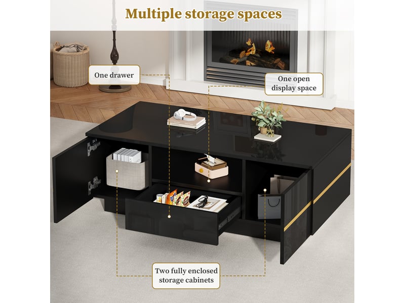  Table basse led 100x50x35,5 cm 2 portes +1 tiroir,  rangement, mdf, charge 30kg,  finition brillante noir et doré  - Conforama D