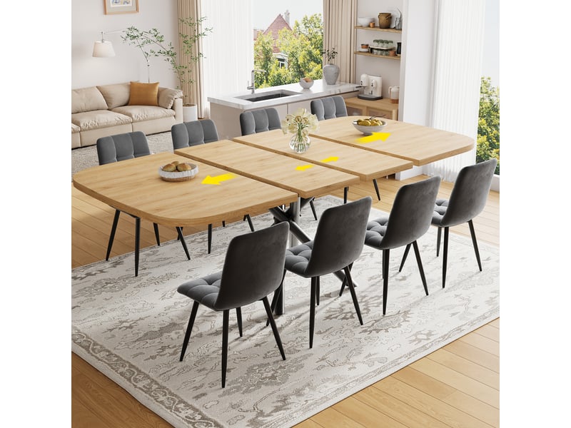  Table à manger extensible 115155195 x 115 x 75 cm pour 4 à 8 personnes, pieds croisés en métal, pieds réglables, plateau effet chêne en mdf  - Conforama E