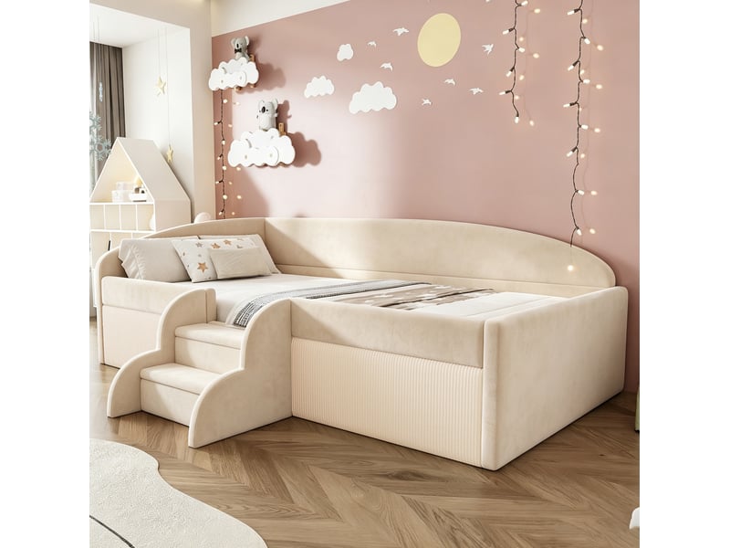  Lit enfant rembourré 90 × 190 cm 1 place avec barrières et marches, sans matelas, en velours beige  - Conforama C