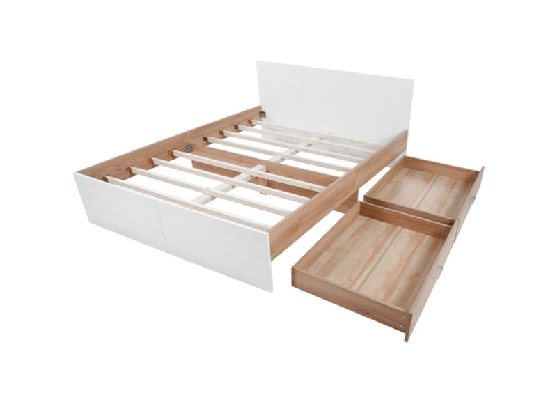  Lit adulte 160x200 cm, avec 2 tiroirs et tête de lit, en bois, blanc et chêne clair, sans matelas  - Conforama E