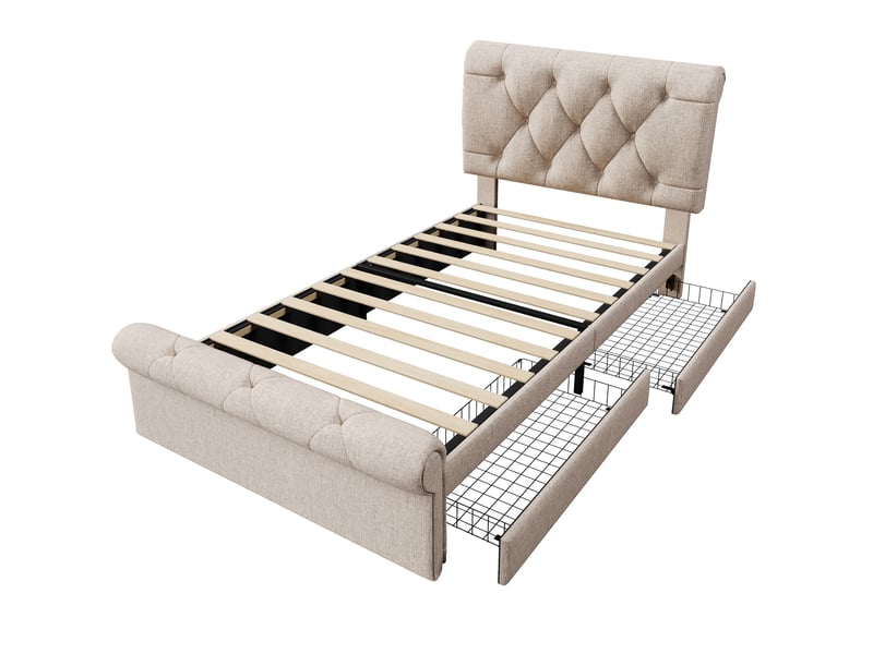 Lit simple chesterfield 90x200 cm avec rangements et 2 tiroirs, lin, naturel, matelas inclus - Conforama A
