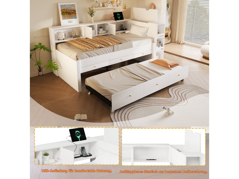 Lit enfant 90x200 cm avec lit gigogne 90x190 cm, 3 tiroirs de rangement, étagères et port usb, cadre bois blanc - Conforama E