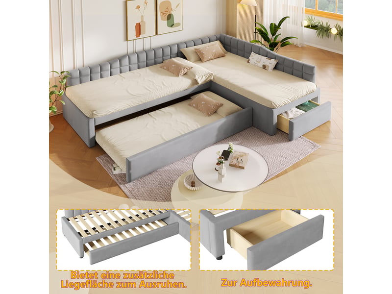  Lit gigogne 3 places 90×200 cm et 90×190 cm, 2 tiroirs - okmyhome- en velours gris, sans matelas  - Conforama E