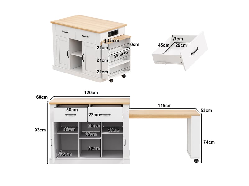 Îlot de cuisine mobile 132x60x93 cm blanc et coloris chêne avec table extensible - Conforama C