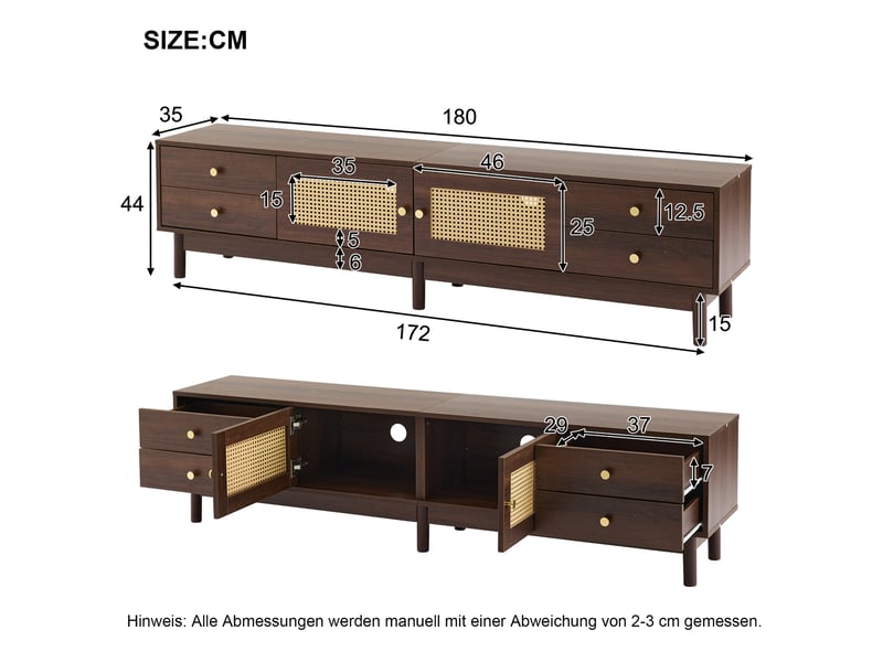  Meuble tv moderne effet bois foncé 180 cm avec 2 portes cannage rotin et 4 tiroirs, gestion câbles pour tv jusqu'à 80 pouces  - Conforama C