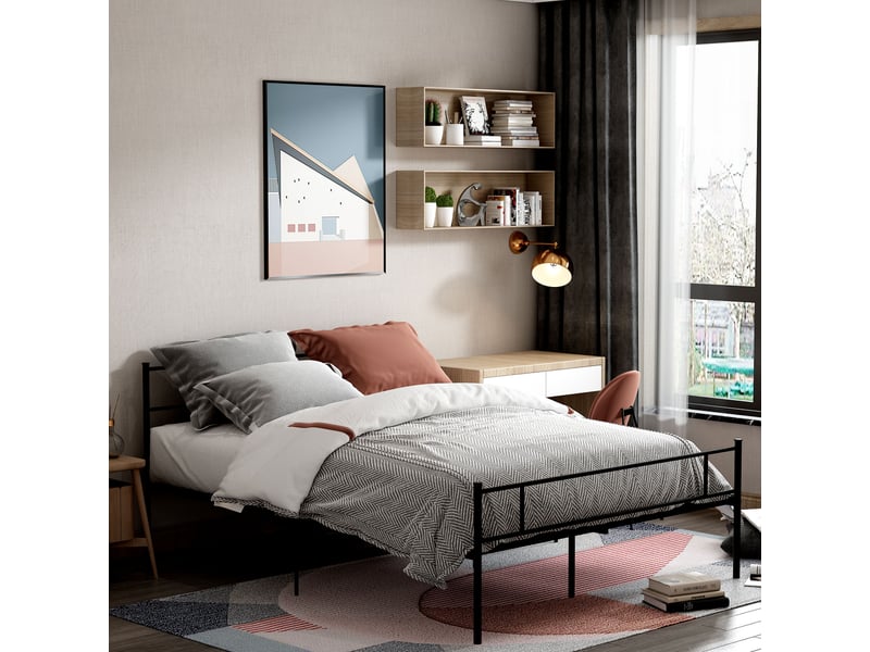 Cadre de lit 160x200 en acier noir mat, avec lattes, tête et pied de lit  - Conforama D
