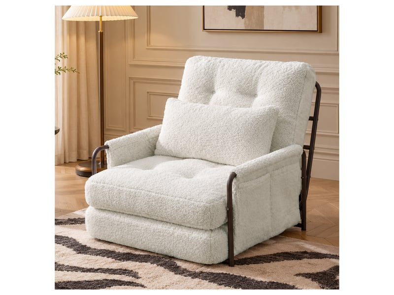  Fauteuil convertible 3 en 1, canapé-lit pliant avec dossier réglable, accoudoirs, coussin et poches de rangement, tissu bouclette - beige  - Conforama B