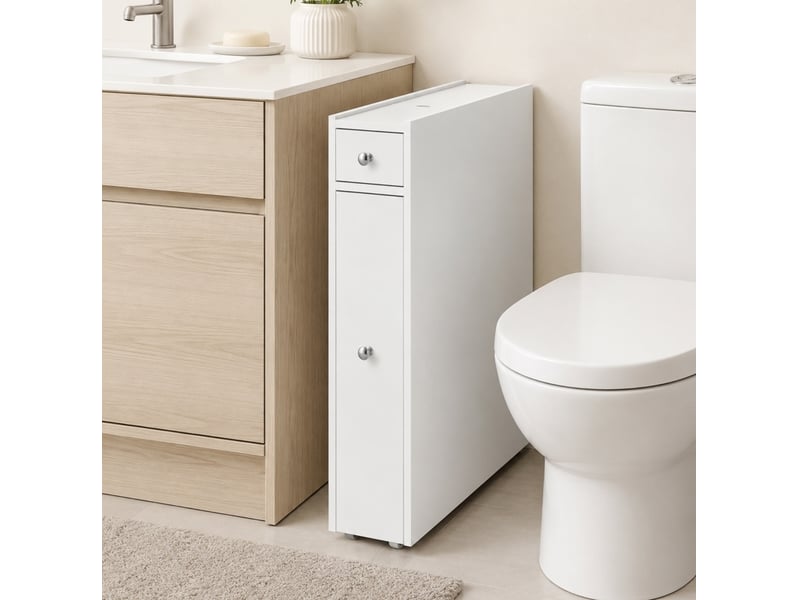 Meuble de rangement de salle de bain étroit blanc avec 2 tiroirs et niche ouverte, 48 × 16 × 58 cm, pratique au quotidien - Conforama E