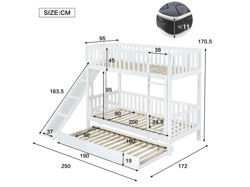 Lit superposé enfant 90x200 cm avec lit gigogne 90x190 cm, toboggan, blanc - Conforama C