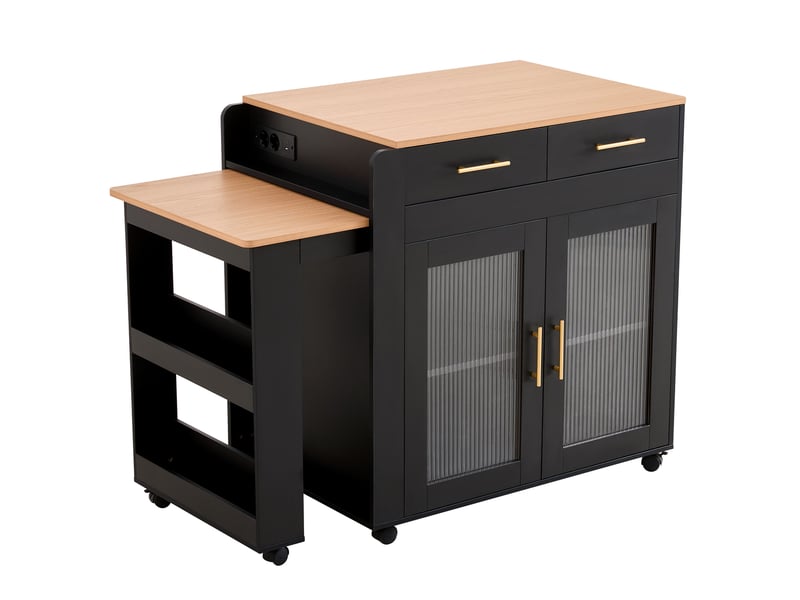  Desserte de cuisine avec plan extensible, tiroirs, placard et niches, prises et ports usb, noire pour cuisine  - Conforama A