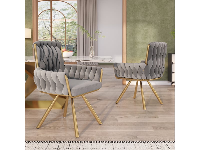  Chaise de salle à manger pivotante avec accoudoirs et dossier haut, pieds en métal, lot de 4 en velours gris  - Conforama E