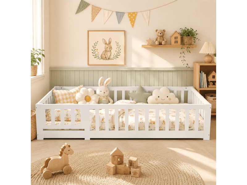  Lit enfant 90x200 cm, lit au sol avec barrière de sécurité et sommier à lattes, lits montessori pour garçons et filles, charge jusqu’à 100 kg, blanc  - Conforama D