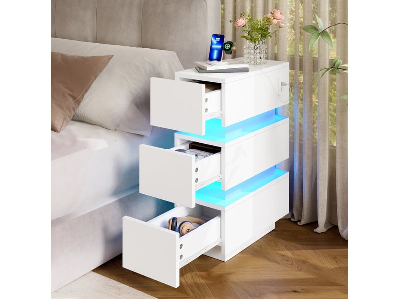  Tables de chevet tcqpz lot de 2 étroites 20 x 40 x 59,5 cm 3 tiroirs led usb type-c blanc  - Conforama B