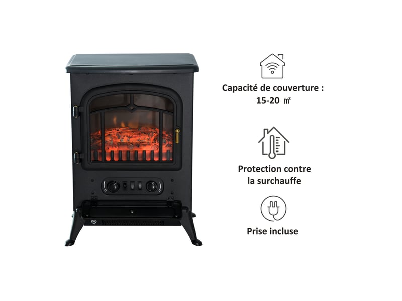 Cheminée électrique à poser rétro noire, effet flamme led, chauffage 10002000 w pour 15 à 20 m² - Conforama R