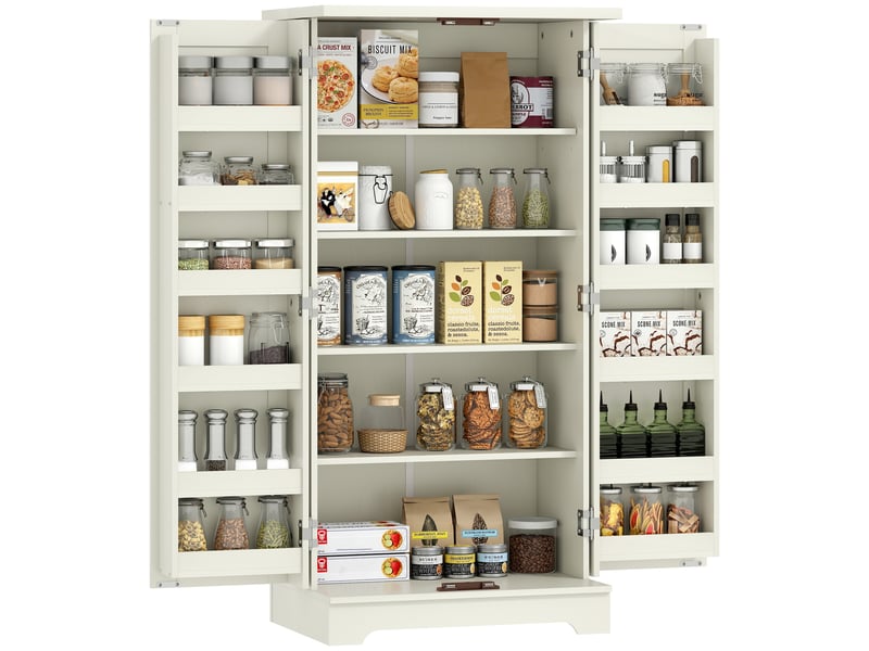  Buffet cuisine armoire de cuisine 5 niveaux avec portes et étagères réglables 60l x 40p x 120h cm crème grain de bois  - Conforama B