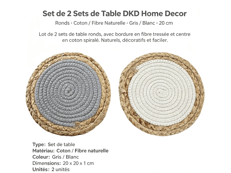  Set de 2 sets de table dkd home decor ronds coton fibre naturelle 20 cm S3037177 - Conforama E