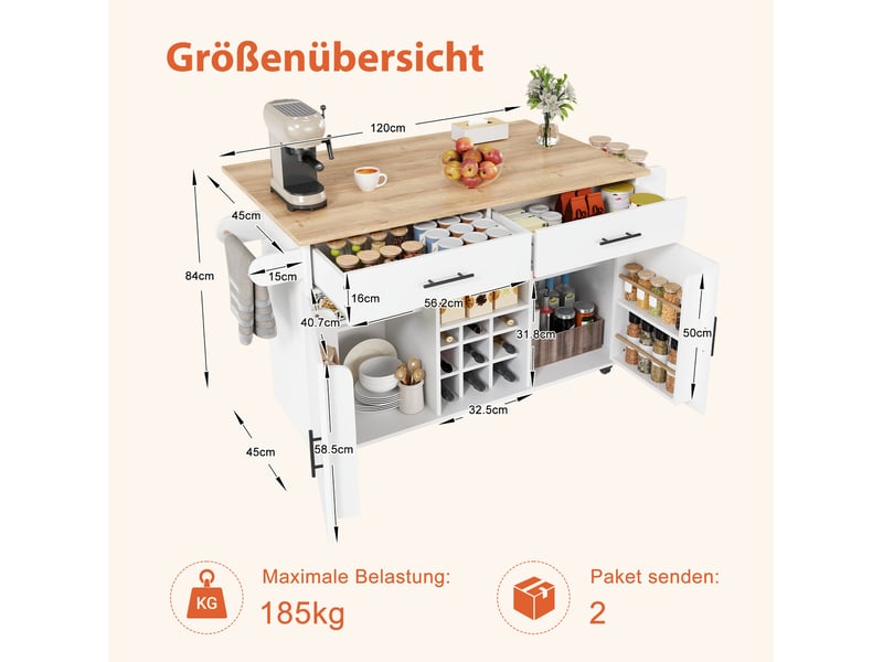  Îlot de cuisine 120x45x84 cm à plateau pliant blanc aspect bois naturel  - Conforama E
