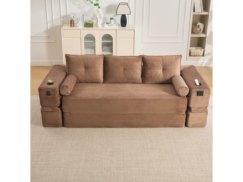  Canapé convertible 3 places – canapé-lit en velours côtelé, assise profonde, ressorts et mousse haute densité, porte-gobelets intégrés, poches latérales, coussins inclus, marron  - Conforama E