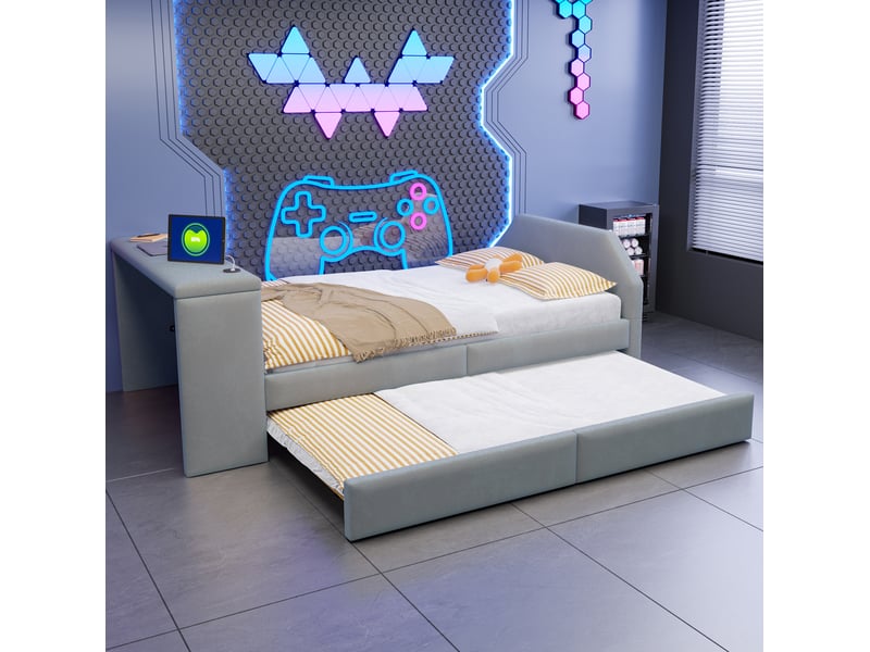  Lit enfant 90x200 cm avec bureau intégré, port usb et lit gigogne gris sans matelas  - Conforama B