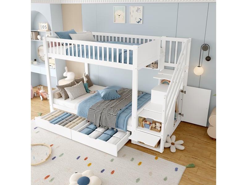 Lit superposé enfant 2 places 90×200 cm, 2 tiroirs, étagères et armoire - okmyhome- blanc, sans matelas - Conforama C