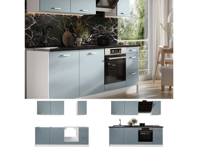  Vicco cuisine, bleu-grisblanc, 220cm plan de travail anthracite  - Conforama D